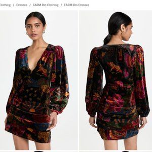 FARM Rio Crazy Mix Black Velvet Long Sleeve Deep V Neck Mini Dress Size Large
